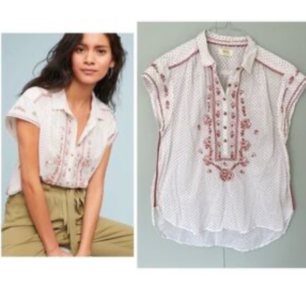Maeve by Anthropologie Riley Embroidered Tunic Top white w/brown polka dots. L